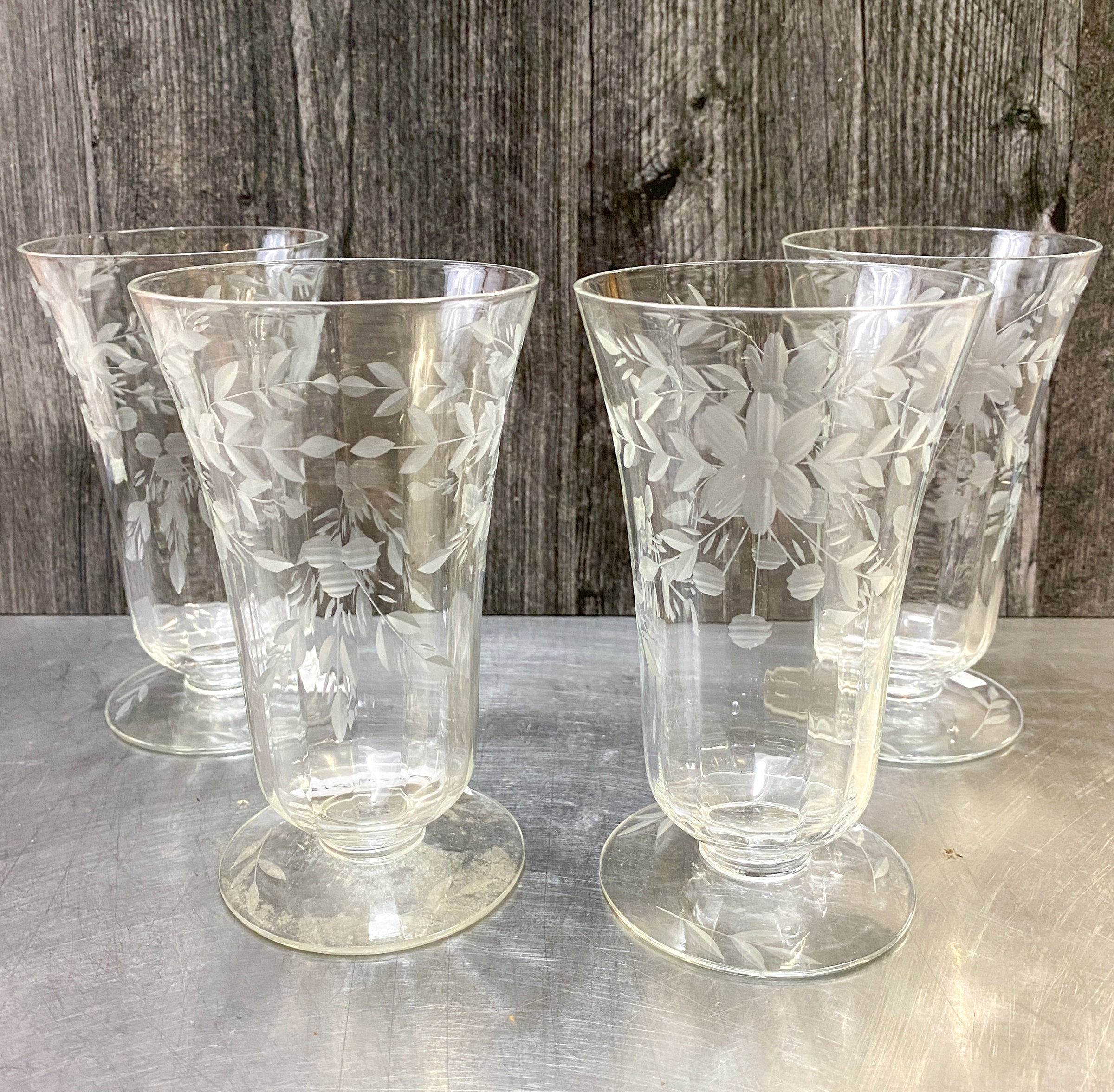 Floral Etched Water Glass